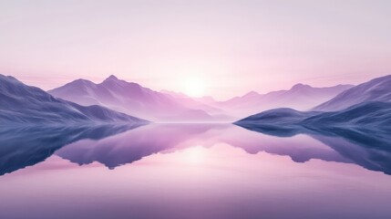 Obraz premium A serene landscape showcasing mountains and a calm lake, bathed in soft pink hues during sunrise, reflecting nature's tranquility.