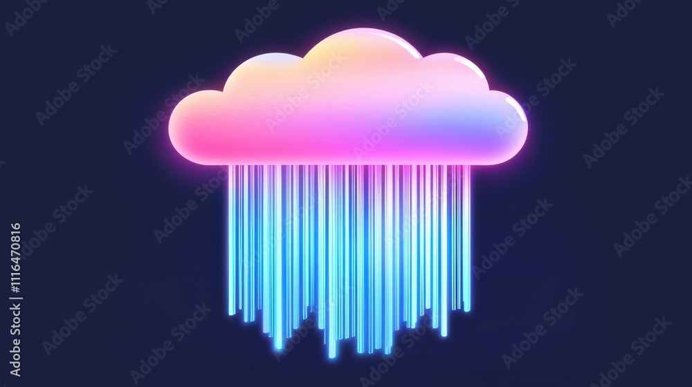 Poster glowing cloud icon illustrating data transfer with radiant streams on dark background
