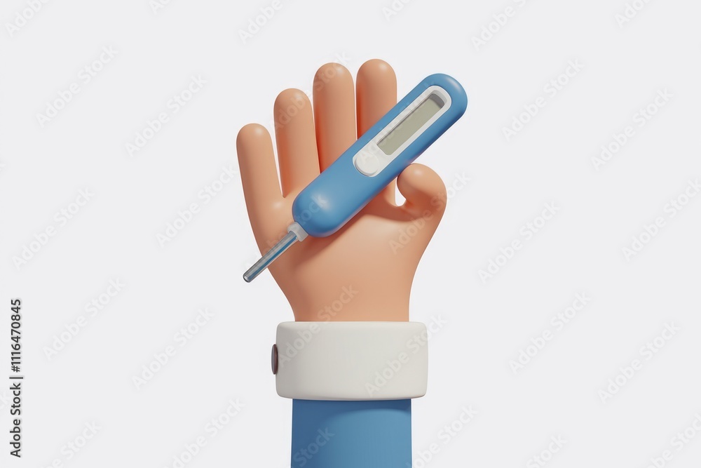 Poster A 3D cartoon hand holds a digital thermometer  symbolizing healthcare and temperature measurement.