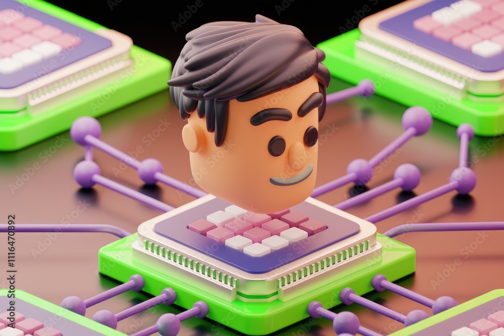 Poster 3D render of a cartoon man's head connected to a CPU  symbolizing AI or human computer interaction.