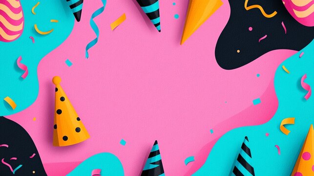 Colorful party background with festive decorations and confetti on pink surface.