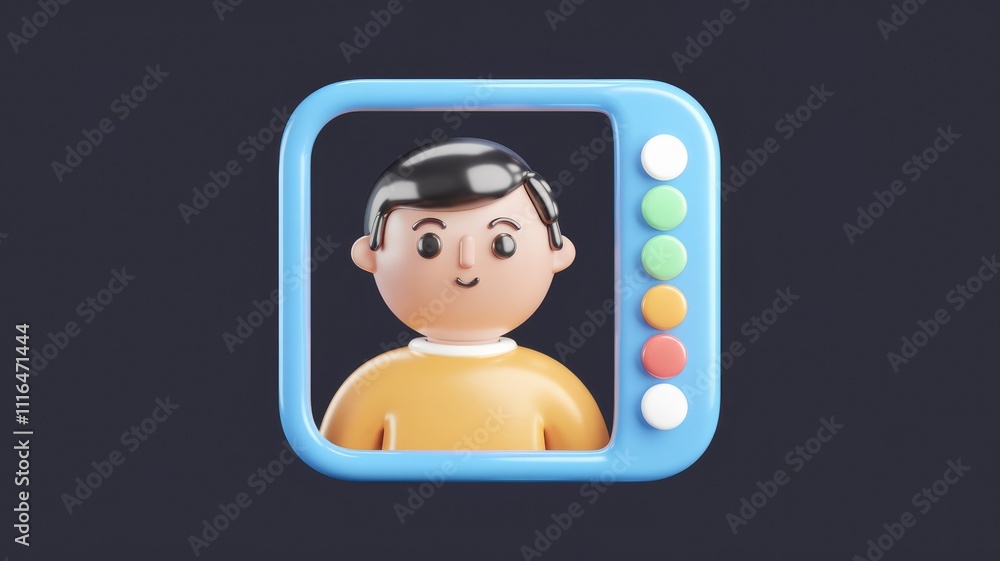 Poster 3d cartoon boy video call interface with colorful buttons.