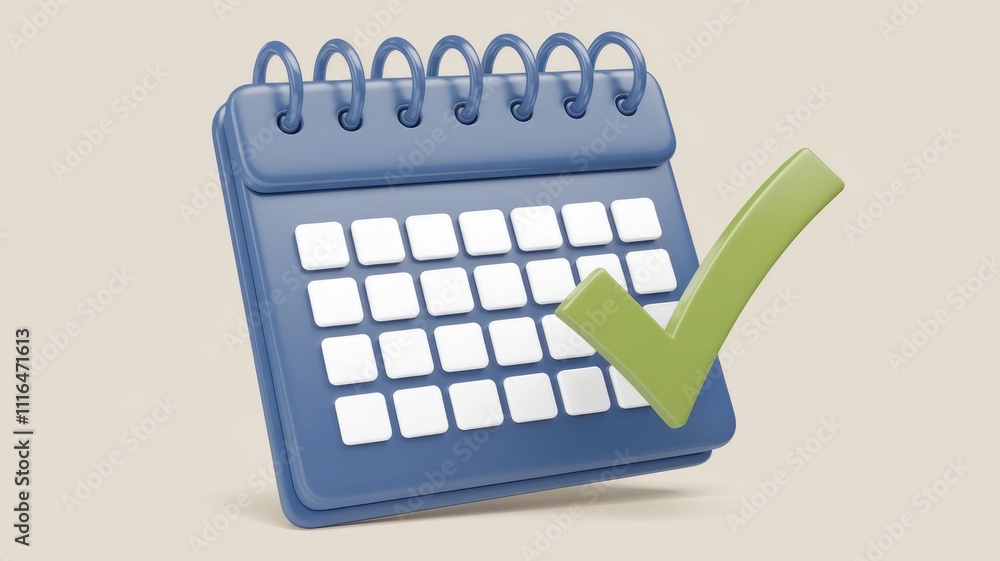Poster 3D render of a calendar with a checkmark  symbolizing scheduling and task completion.