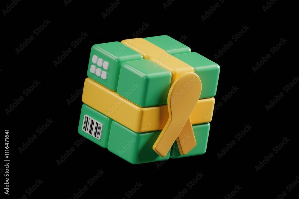 Fototapete A 3D rendering of a gift cube with a yellow ribbon  barcode  and buttons.