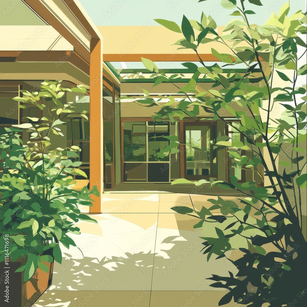 Poster a serene courtyard with lush greenery and modern architecture, creating a tranquil and inviting atmo