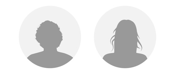Vector flat illustration in grayscale. Icons of man and woman. Avatar, user profile, person icon, profile picture. Suitable for social media profiles, icons, screensavers and as a template.