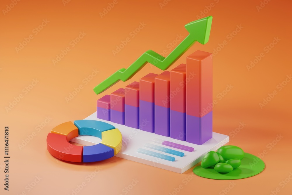 Poster colorful 3d bar chart and pie chart showing upward trend indicating growth and success.
