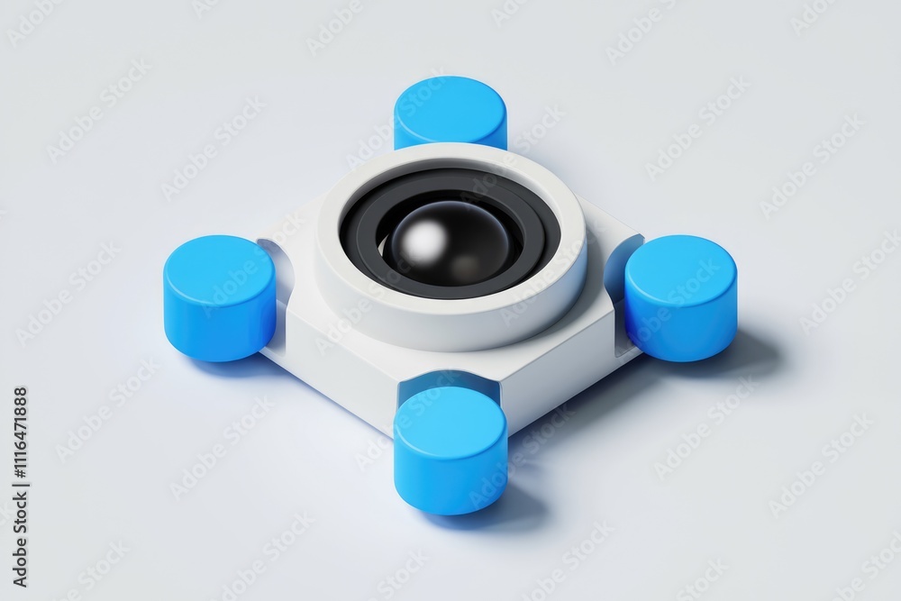 Poster A 3D rendering of a minimalist camera design with four blue supports.