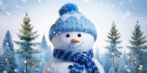 Obraz premium A snowman dons a blue hat and scarf, set against a magical winter wonderland. Holiday decorations and festive cheer create a joyful seasonal spirit of fun.