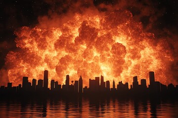 Dramatic city skyline engulfed in flames, depicting chaos and disaster.