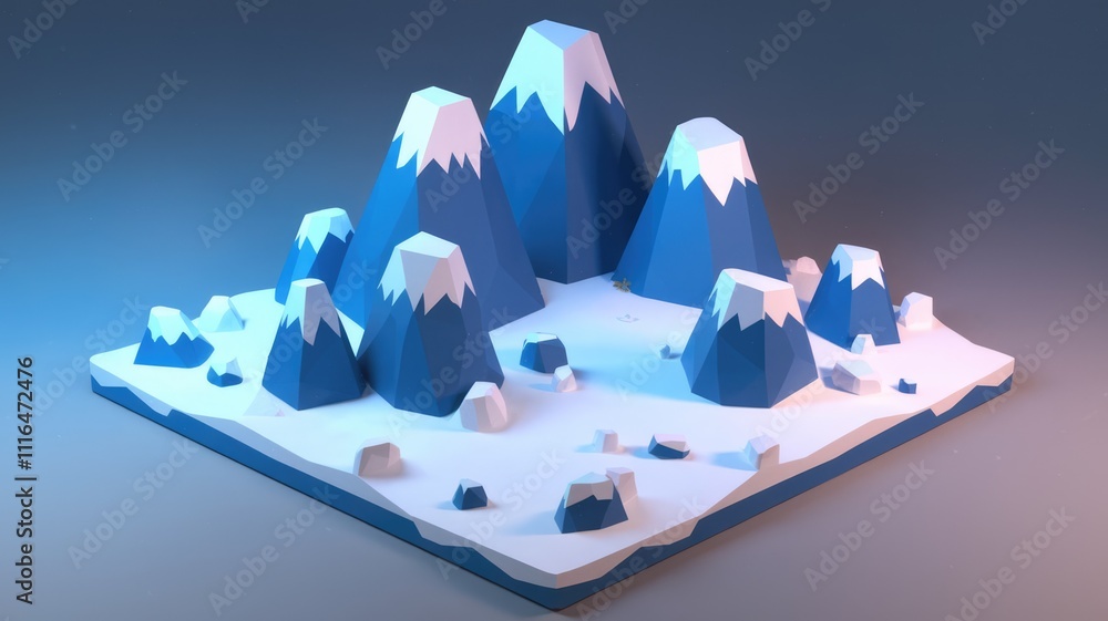 Poster low poly 3d render of a snowy mountain range minimalist digital art.