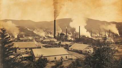 Sepia photo of a bustling industrial town with chimneys and steam filling the air during the 19th century.