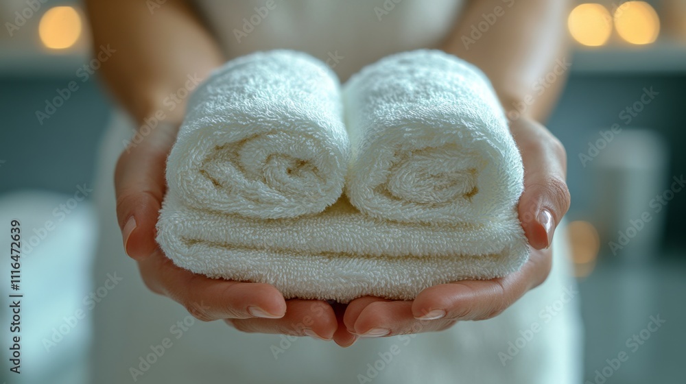 Poster a calm individual holds two neatly rolled white towels in their hands, surrounded by a soothing spa 