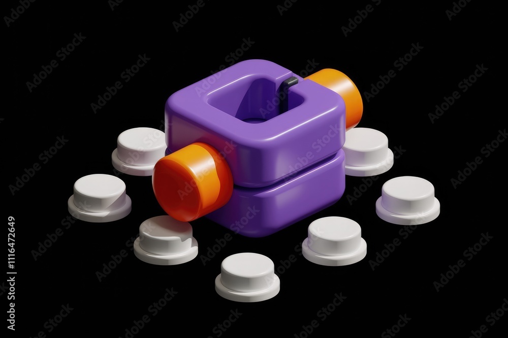 Poster abstract 3d render of purple and orange geometric shapes surrounded by white circles.