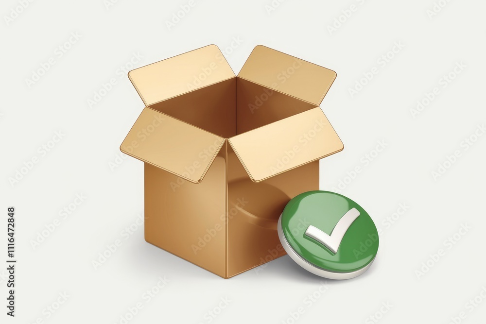 Poster Open golden cardboard box with green checkmark  signifying successful delivery or completion.