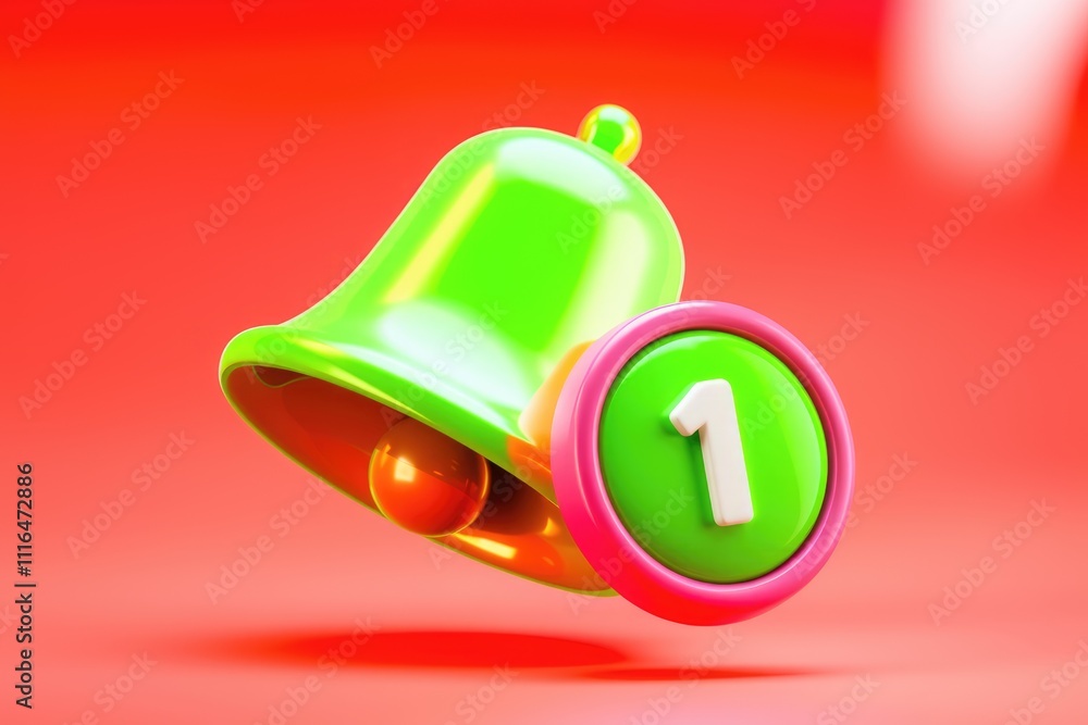 Poster a vibrant green bell with a single notification playfully rendered in 3d.