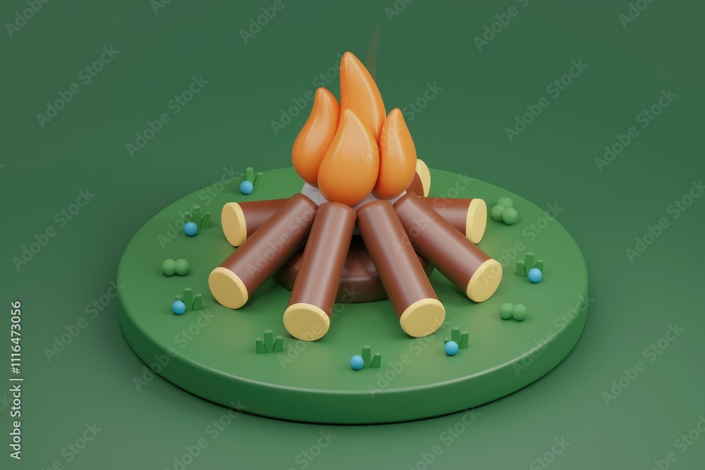 Aufkleber a cheerful 3d rendering of a campfire with logs and flames on a green base.