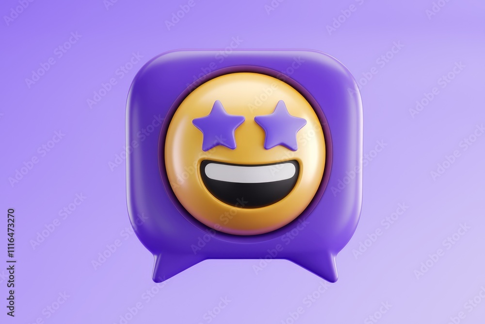 Poster a 3d rendering of a happy emoticon with stars for eyes inside a purple speech bubble.
