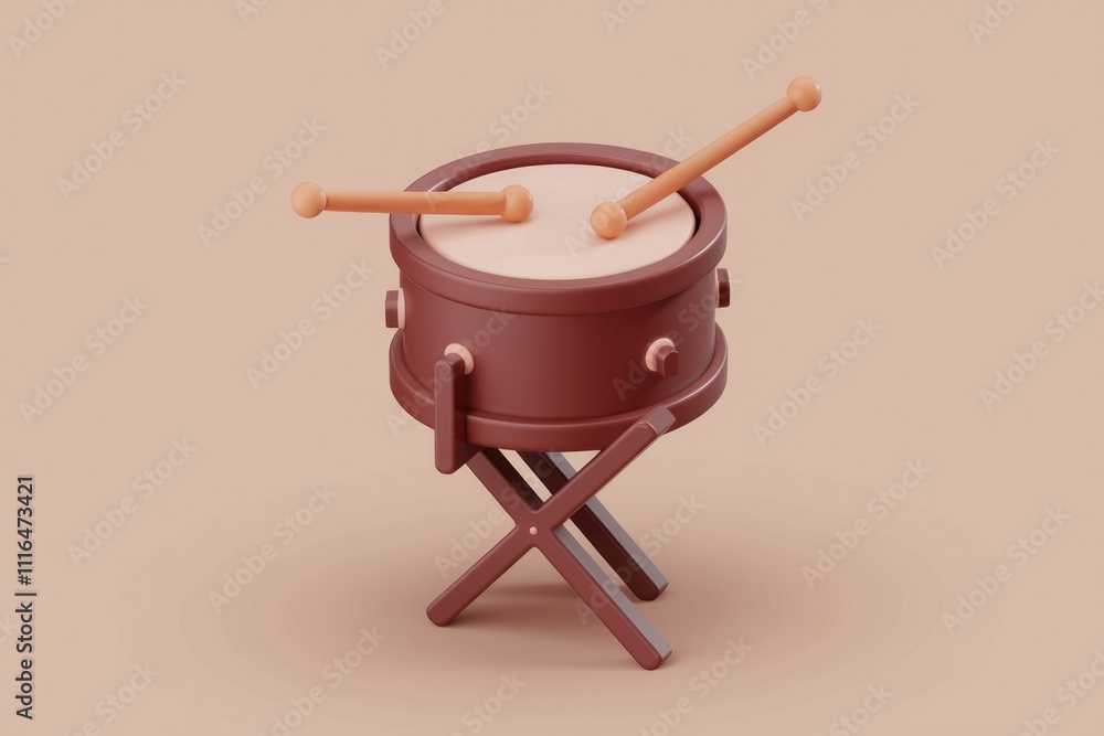 Poster a 3d rendered cartoon drum set on a stand with drumsticks.