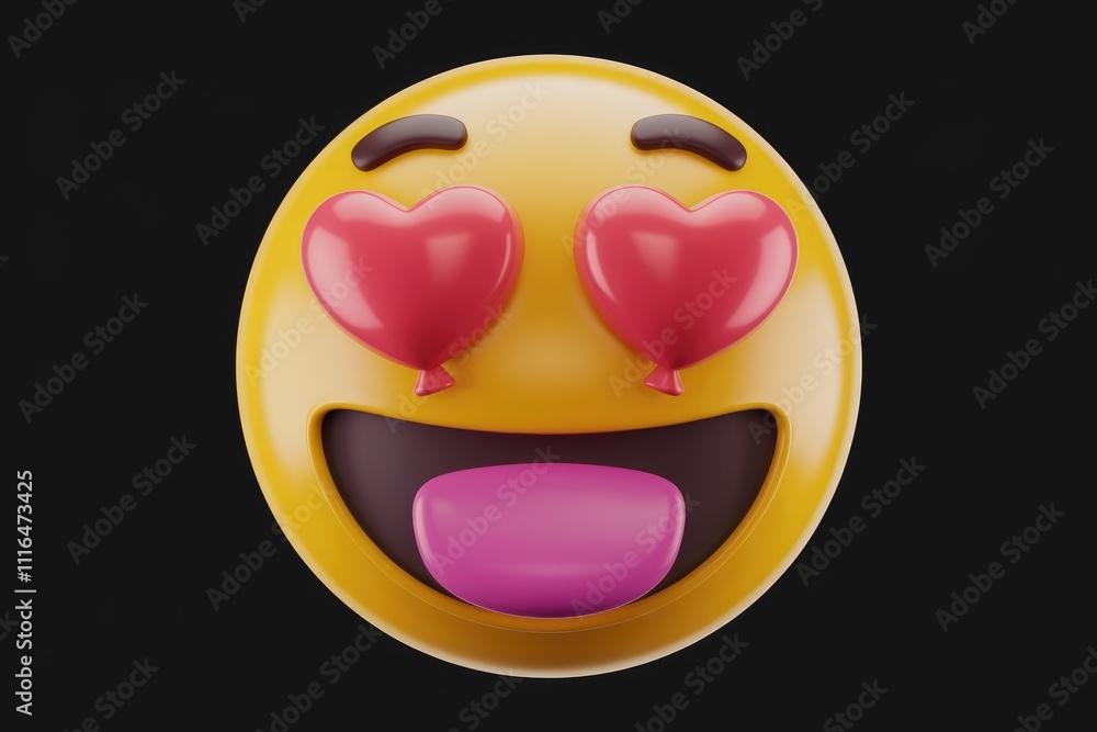 Poster a 3d rendering of a happy emoticon with heart shaped eyes expressing love and joy.