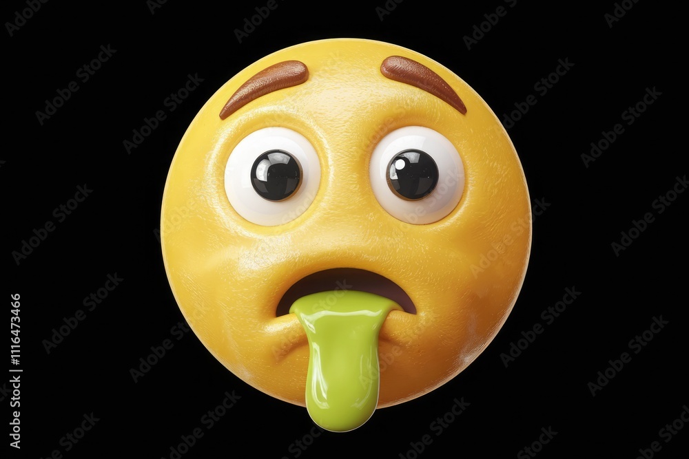 Poster a 3d rendering of a nauseous emoticon with its tongue out expressing disgust or sickness.