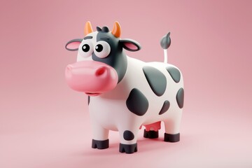 Adorable 3D cartoon cow  white with black spots  standing on pink background.