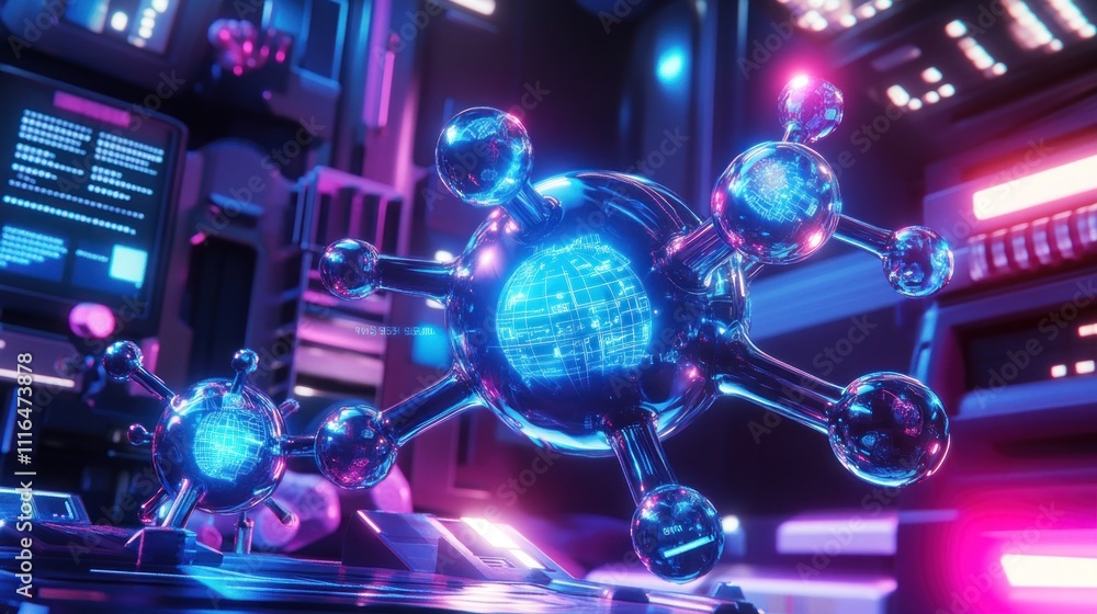 Aufkleber a futuristic representation of molecular structures with glowing effects in a high-tech environment.