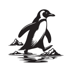 Penguin waddling on ice silhouette vector art black color design and solid white background 