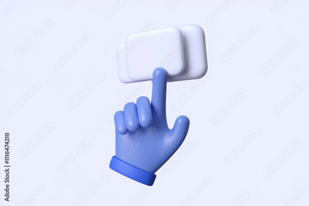 Poster A 3D rendered image of a blue hand clicking on two white rectangular buttons.
