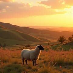 Fototapeta premium Sheep standing in golden meadow at sunset