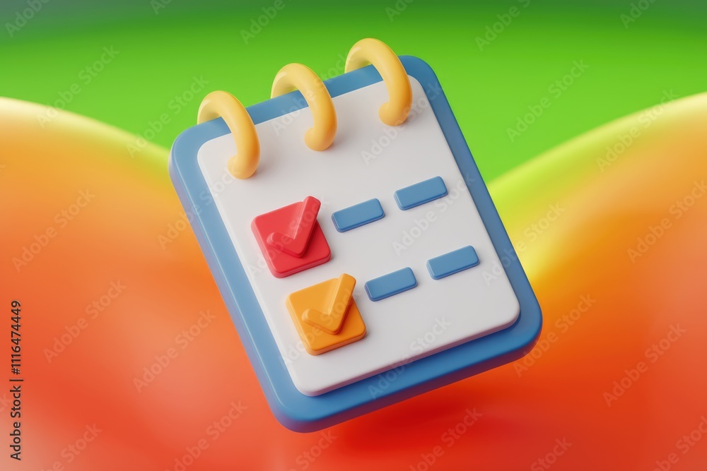 Poster 3D rendered checklist icon with colorful checkmarks  indicating task completion and organization.