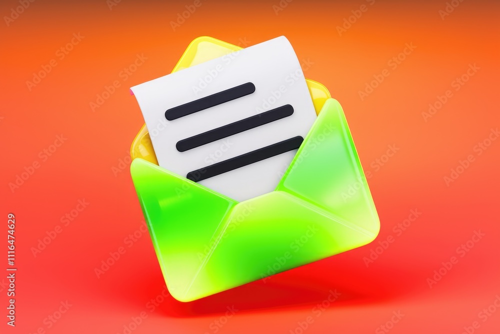 Poster A vibrant 3D illustration of an open envelope containing a document  symbolizing email or message.