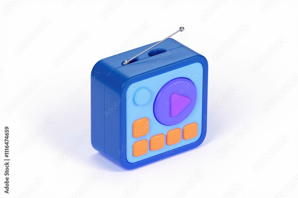 Poster a 3d rendering of a blue portable radio with colorful buttons and an antenna.
