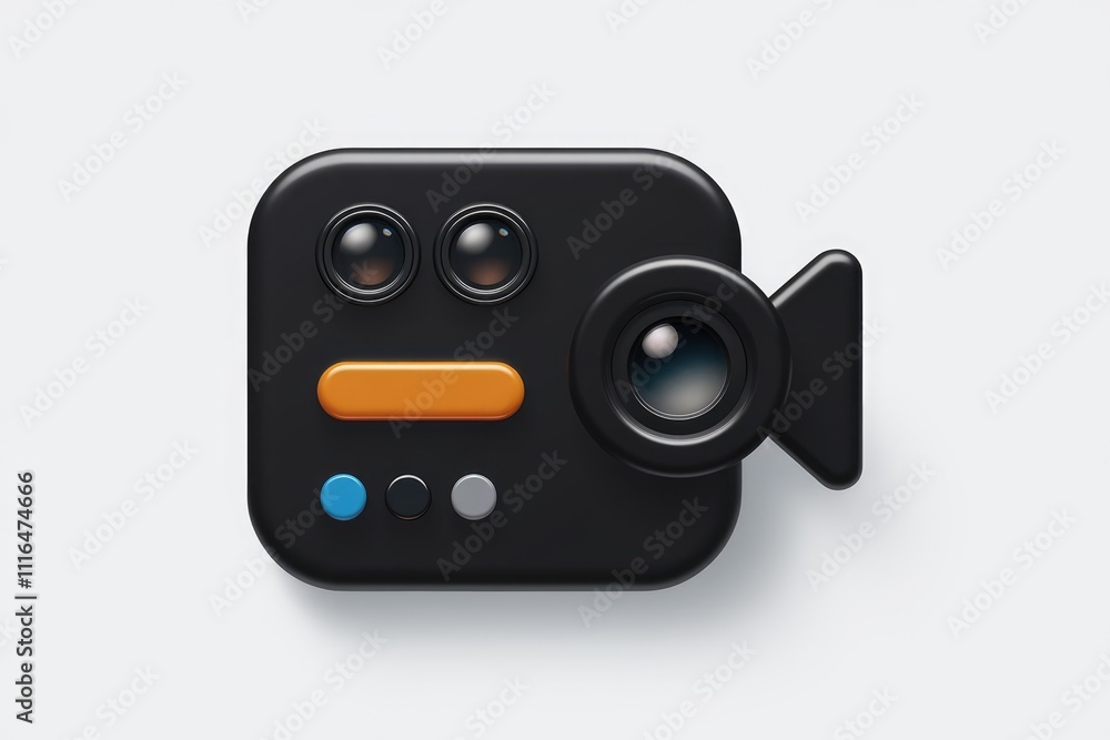 Poster A stylized 3D rendering of a black video camera icon with multiple lenses and colorful buttons.