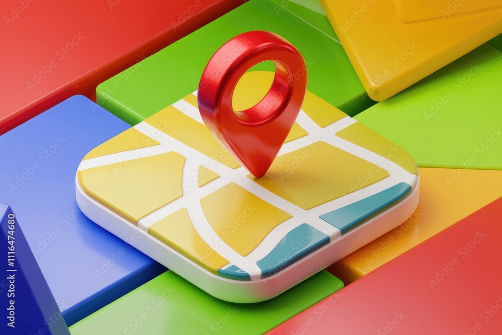 Leinwandbilder 3D rendering of a red location pin on a colorful map  symbolizing navigation and location services.