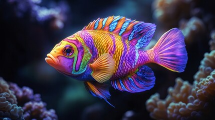 Obraz premium Brightly colored fish swim gracefully among the vibrant corals, showcasing a dazzling array of colors as sunlight filters through the clear blue water, creating a mesmerizing underwater spectacle