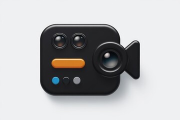A stylized 3D rendering of a black video camera icon with multiple lenses and colorful buttons.