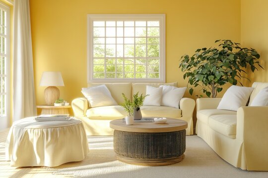 A bright and airy living room with butter yellow walls, casual beige sofas, and natural wood accents for a cheerful vibe.
