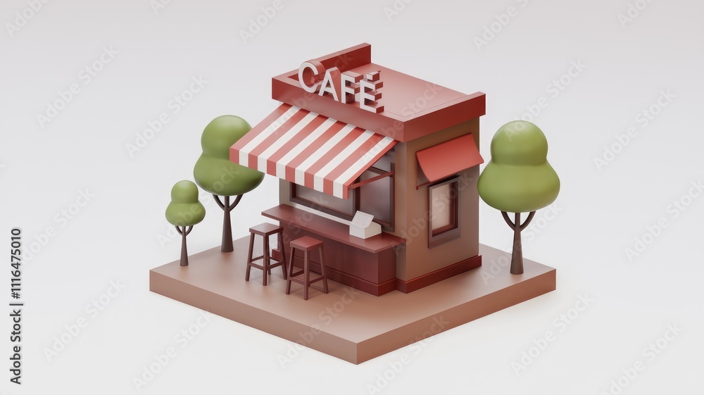 Poster a charming 3d rendered cafe with striped awning two stools and trees nearby.