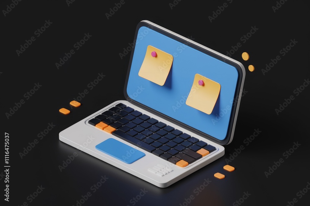 Poster A 3D rendered laptop with two sticky notes on the screen  representing task management or reminders.