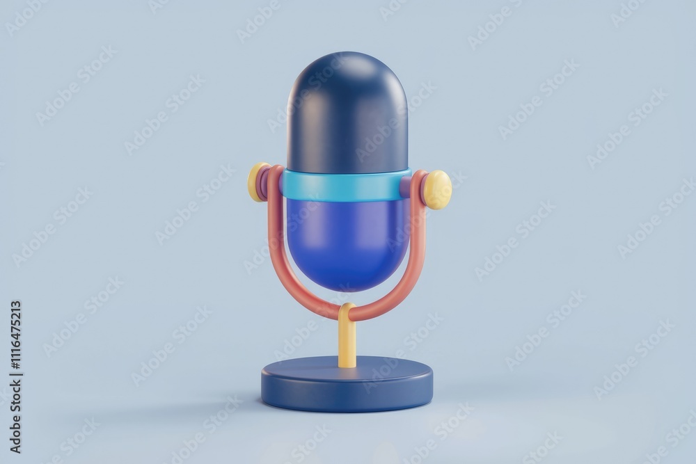 Poster A stylized 3D rendering of a colorful microphone  ideal for podcasting or voice recording.