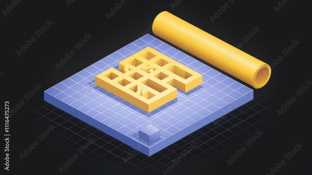 Poster 3d grid with maze and cylinder in isometric illustration.