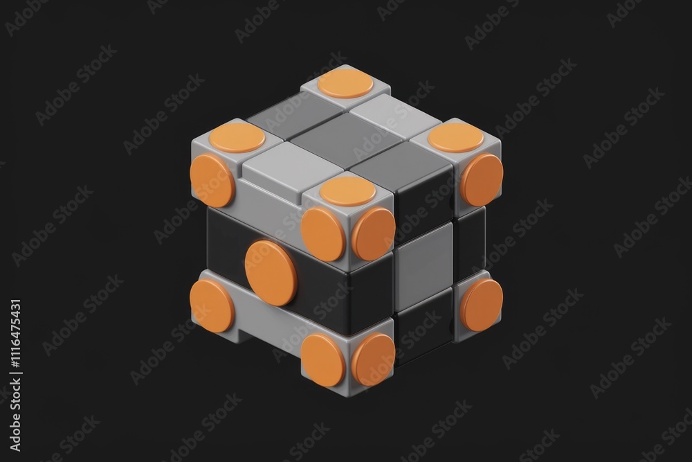 Aufkleber A 3D rendering of a cube composed of smaller black and grey cubes with orange circular accents.