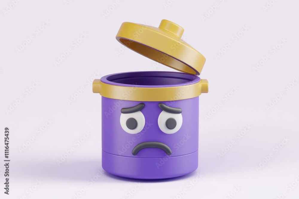 Poster a sad purple trash can with its lid open appearing empty and dejected.