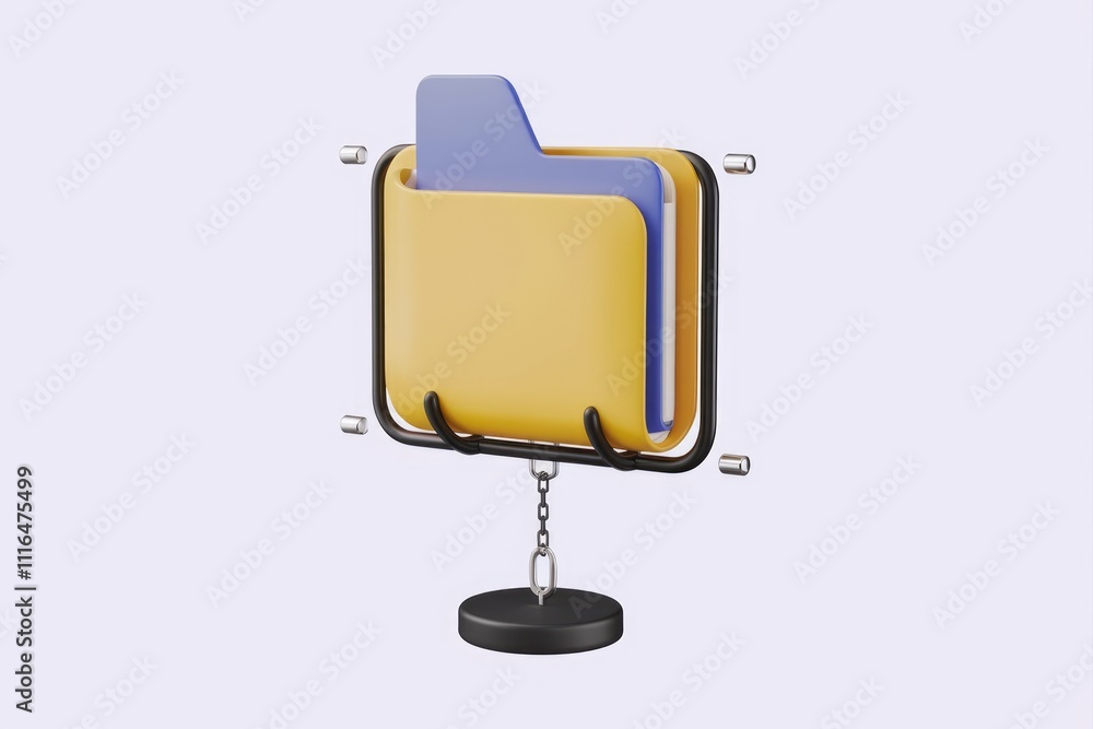 Poster 3D render of a yellow folder icon hanging from a chain  symbolizing data security and storage.