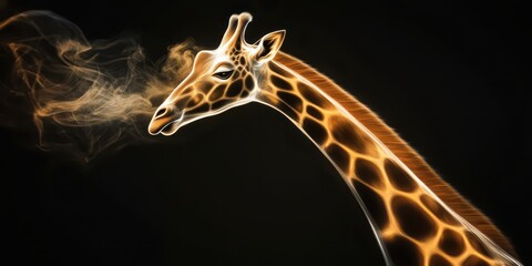 Obraz premium A glowing giraffe made of smoke, with its neck stretching upward and radiant tendrils, on a black background.