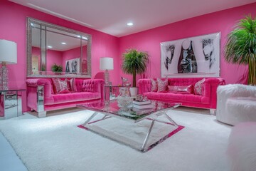 A contemporary glamour living room with hot pink walls, mirrored furniture, and plush white carpets. © Hashim