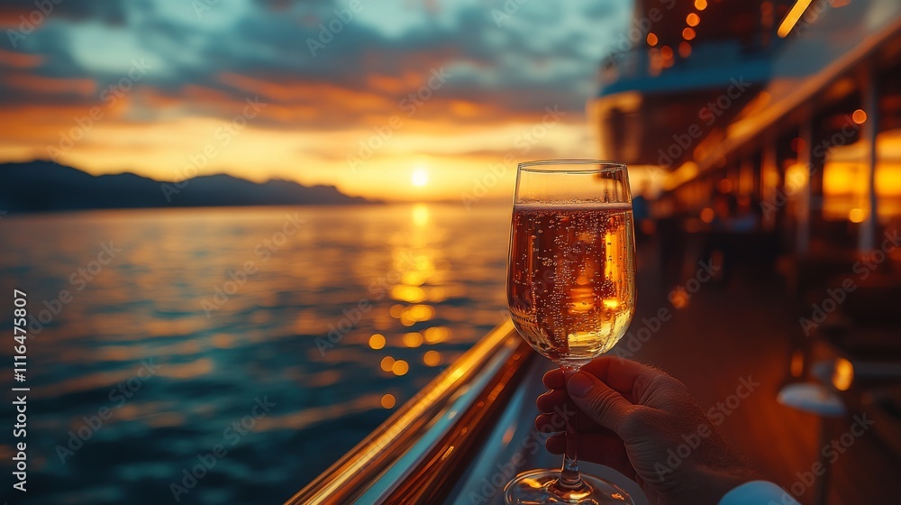 Aufkleber a hand holds a glass of sparkling drink while relaxing on a deck. the sun sets over serene waters, c
