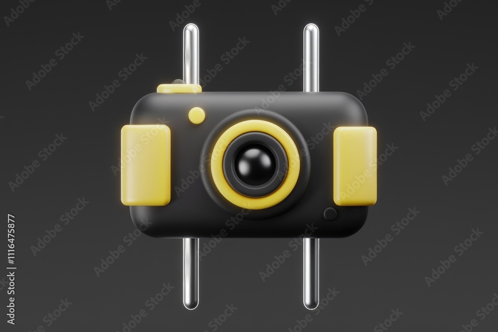 Poster a stylized 3d render of a camera black with yellow accents on a dark background.