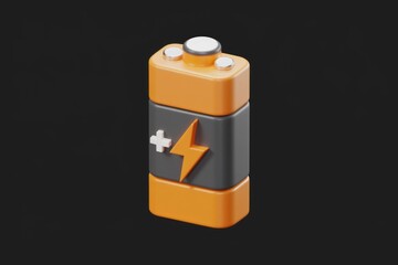 3D render of an orange and gray battery icon symbolizing power and energy.